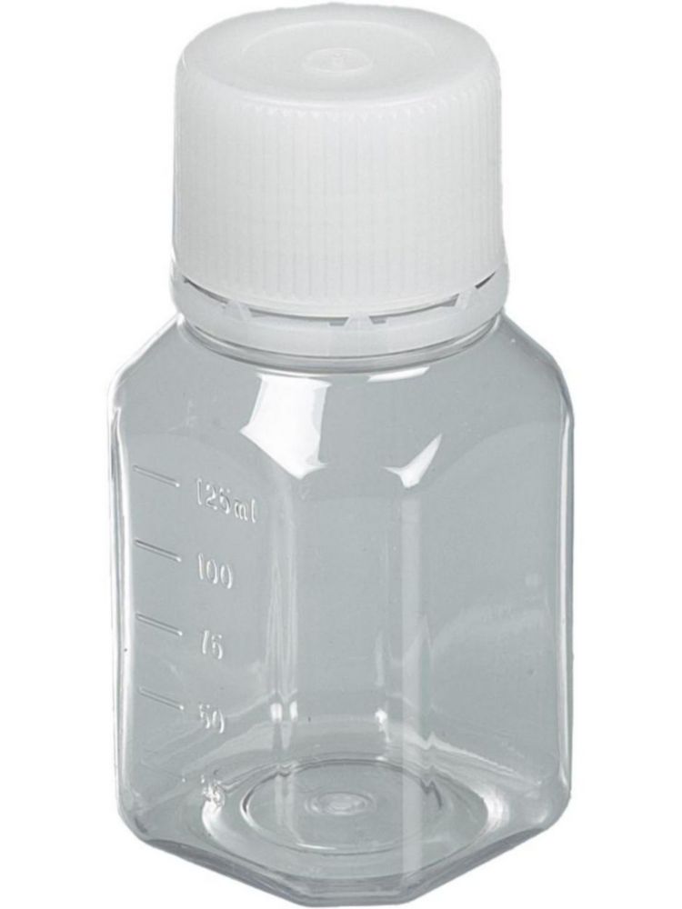 Laboratory bottle 125 ml, PET, sterile with tamper-evident cap, moulded graduation transparent,  pack of 24