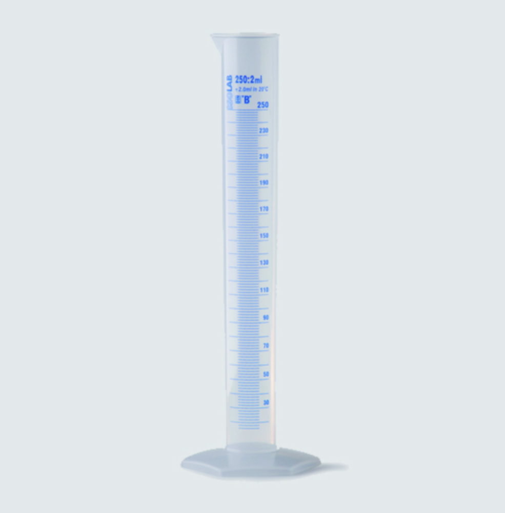 Measuring cylinder 250 ml, tall form PP, cl.B, blue scale