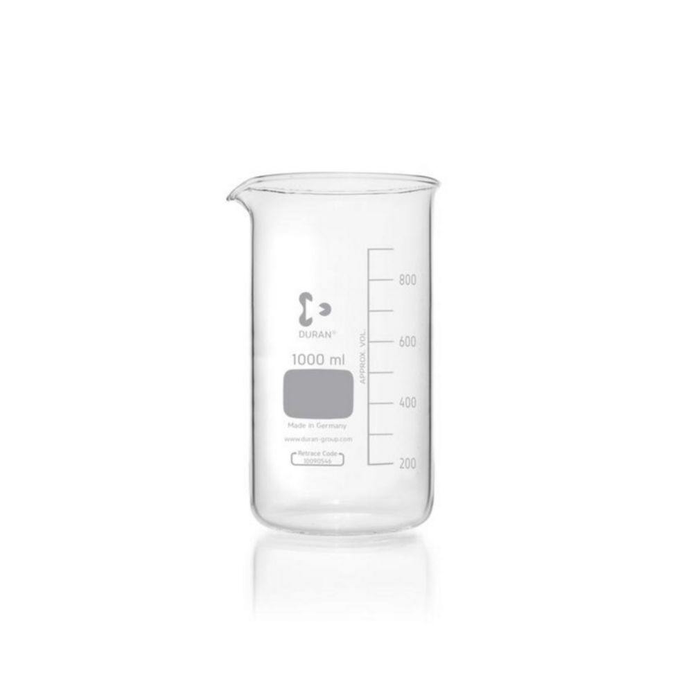 Beakers,DURAN®,tall form,cap. 1000 ml with graduation and spout pack of 10