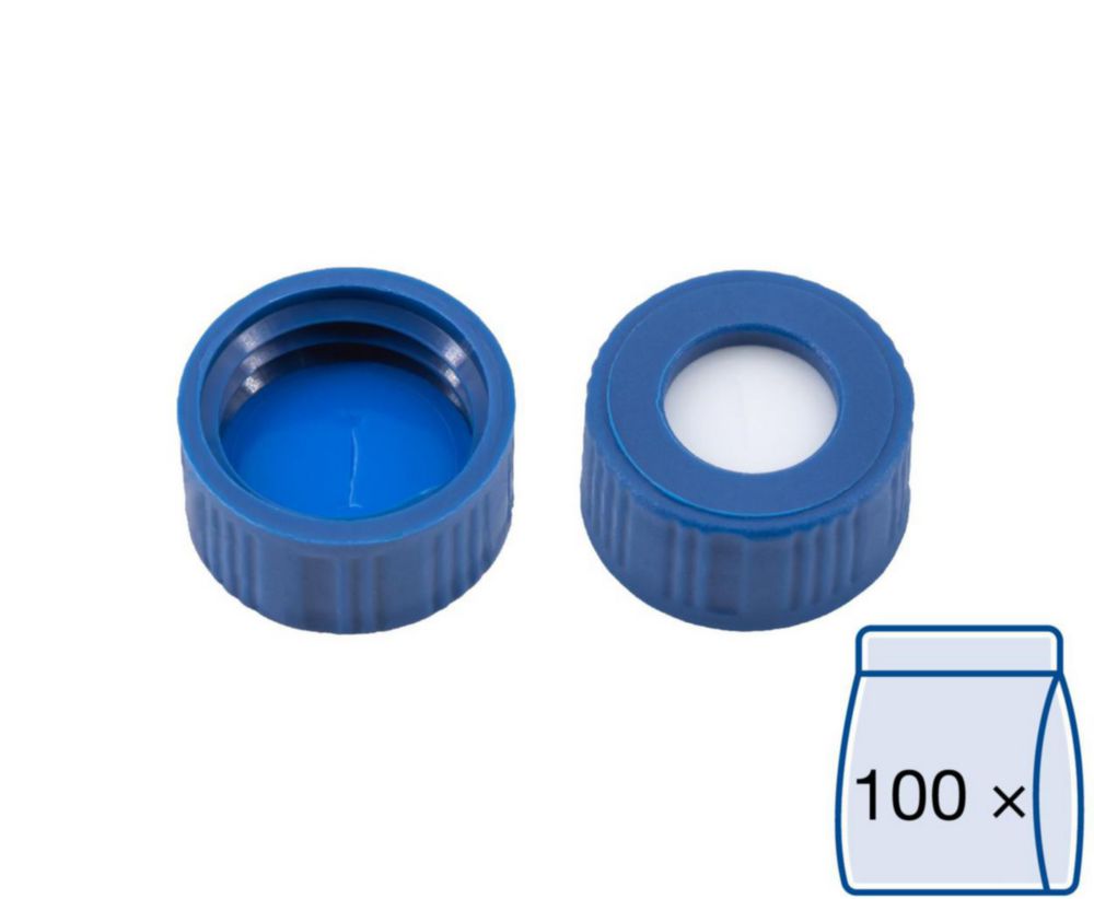 Screw caps N 9, lightblue sealing discs: silicone rubber white/PTFE blue, slitted, pack of 100