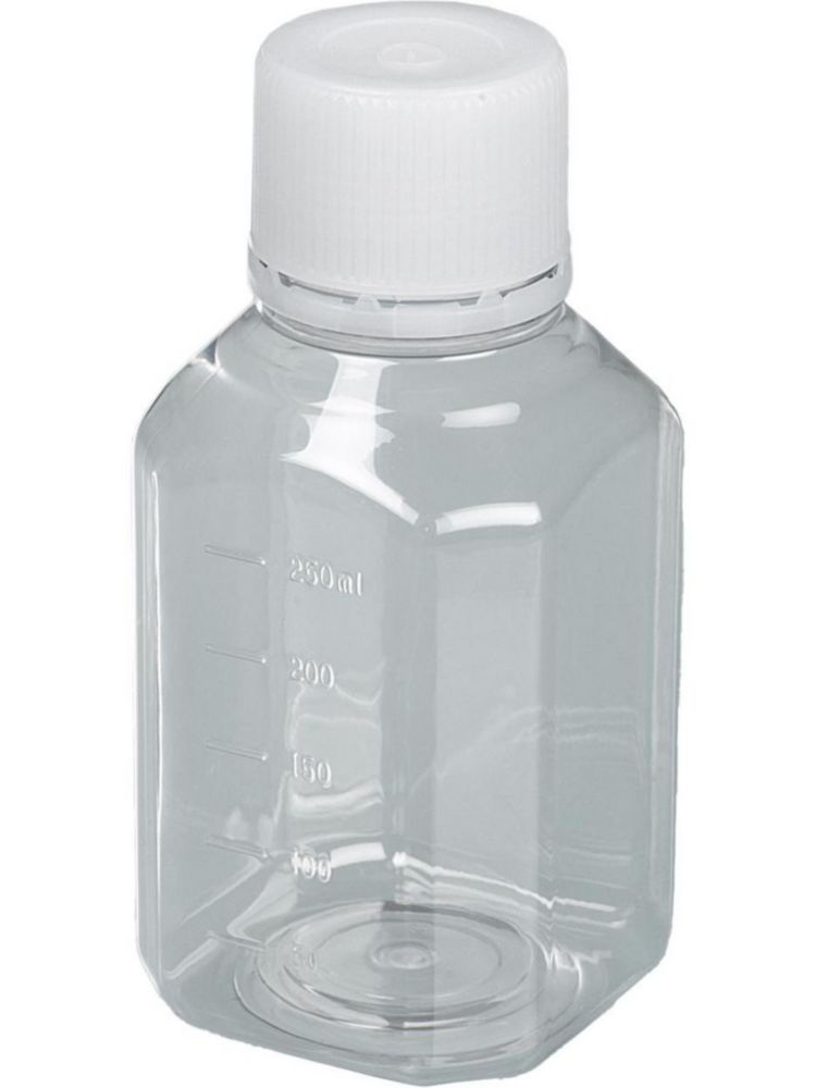 Laboratory bottle 250 ml, PET, sterile transparent, moulded graduation with tamper-evident cap