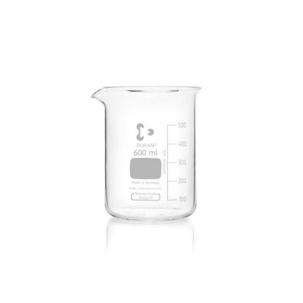 Beakers,DURAN®,low form,cap. 600 ml with graduation and spout pack of 10