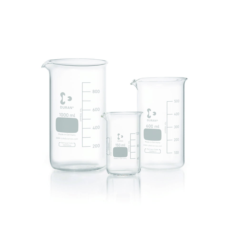 Beakers,DURAN®,tall form,cap. 100 ml with graduation and spout pack of 10