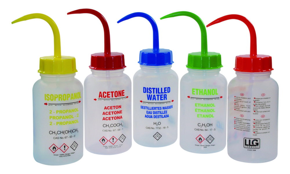 LLG-Wash bottle, 500 ml, wide-neck with GHS Printing, Distilled water, LDPE, SP/FR/D/UK