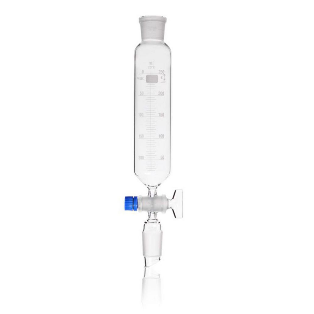 DURAN® Dropping funnel, cylindrical, graduated, standard ground cone 29/32, NS stopcock and key retaining device, 250 ml