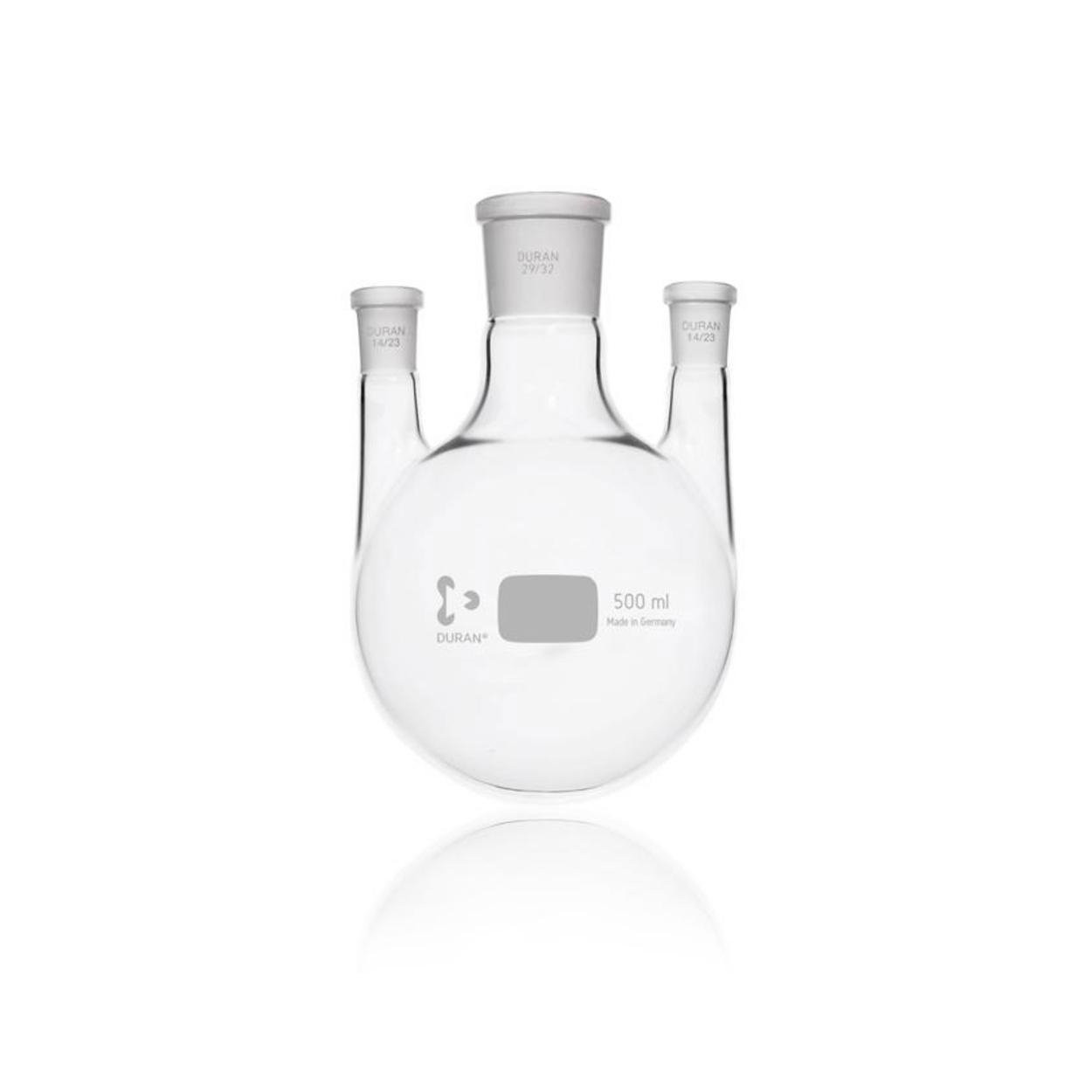 Round-bottom Flask 500 ml Three-neck, Side Necks parallel, Center Neck NS 29/32, Side Necks NS 14/23
