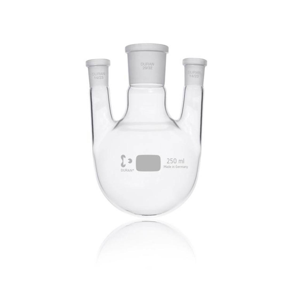 Round-bottom Flask 250 ml Three-neck, Side Necks parallel, Center Neck NS 29/32, Side Necks NS 14/23