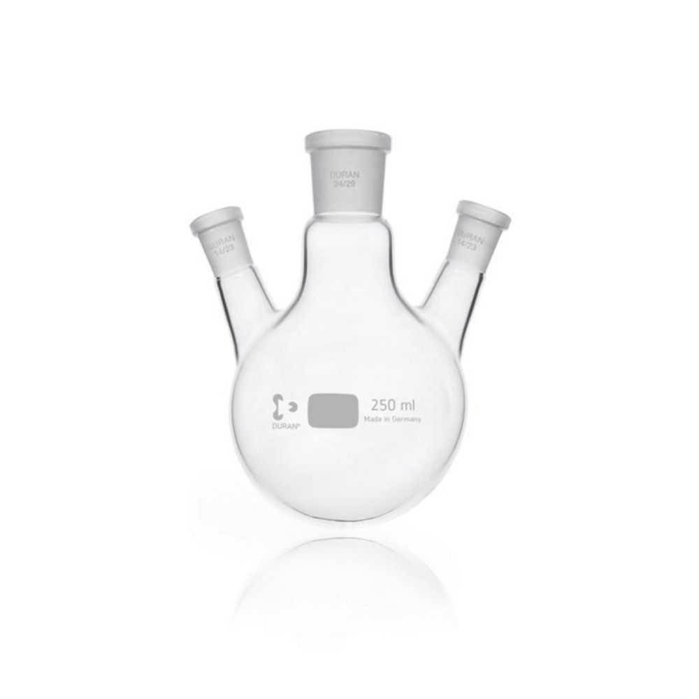 Round-bottom Flask 250 ml Three-neck, Side Necks angled, Center Neck NS 24/29, Side Neck NS 14/23