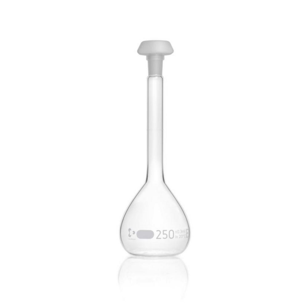 DURAN® Volumetric flask 250 ml, class B white graduation, with one graduation mark, polyethylene stopper, NS 14/23