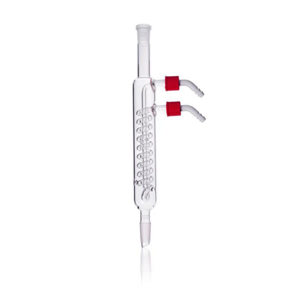 DURAN® Coil condenser, Dimroth type, with 2 screw-on plastic hose connections, NS 14/23, jacket length 160 mm