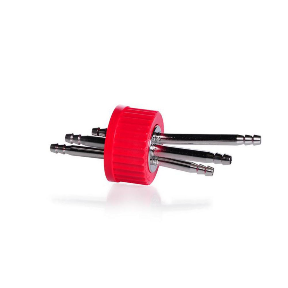 Connection cap system GL 45 red PBT screw-cap with 3 ports (stainless steel)