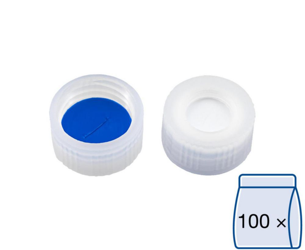 Screw caps N 9, colourless sealing discs: silicone rubber white/PTFE blue, slitted, pack of 100