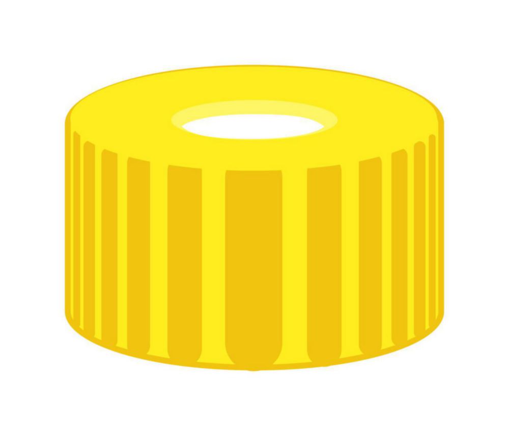 Screw caps N 9, yellow PP, hole, silocone white/PTFE red, septa thickness 1.0 mm, pack of 100