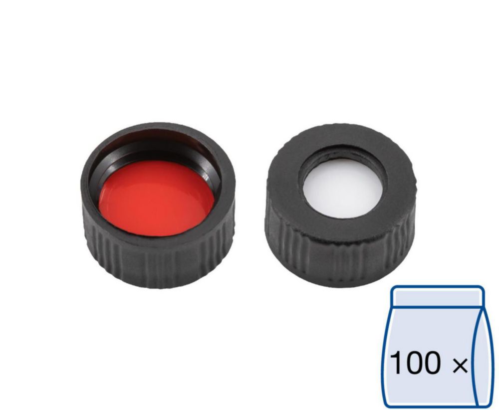Screw caps N 9, black PP, center hole Silicone white/PTFE red, Hardness: 45° shore A, Thickness:1.0mm,pack of 100
