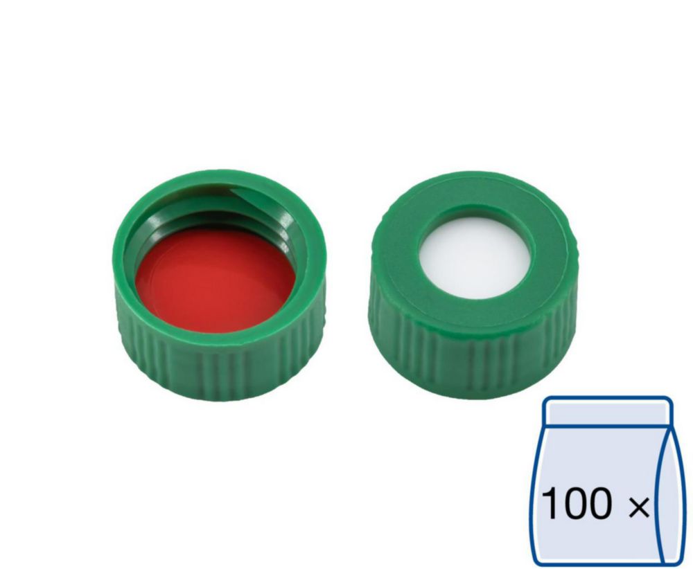 screw cap,N 9 PP, green, center hole Silicone white/PTFE red Hardness: 45° shore A Thickness: 1.0 mm pack of 100