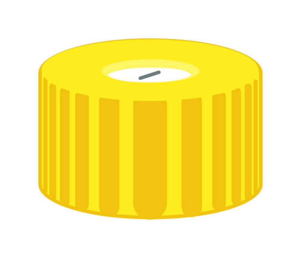 Screw caps N 9, yellow PP, hole, silocone white/PTFE blue, slit, septa thickness 1.0 mm, pack of 100