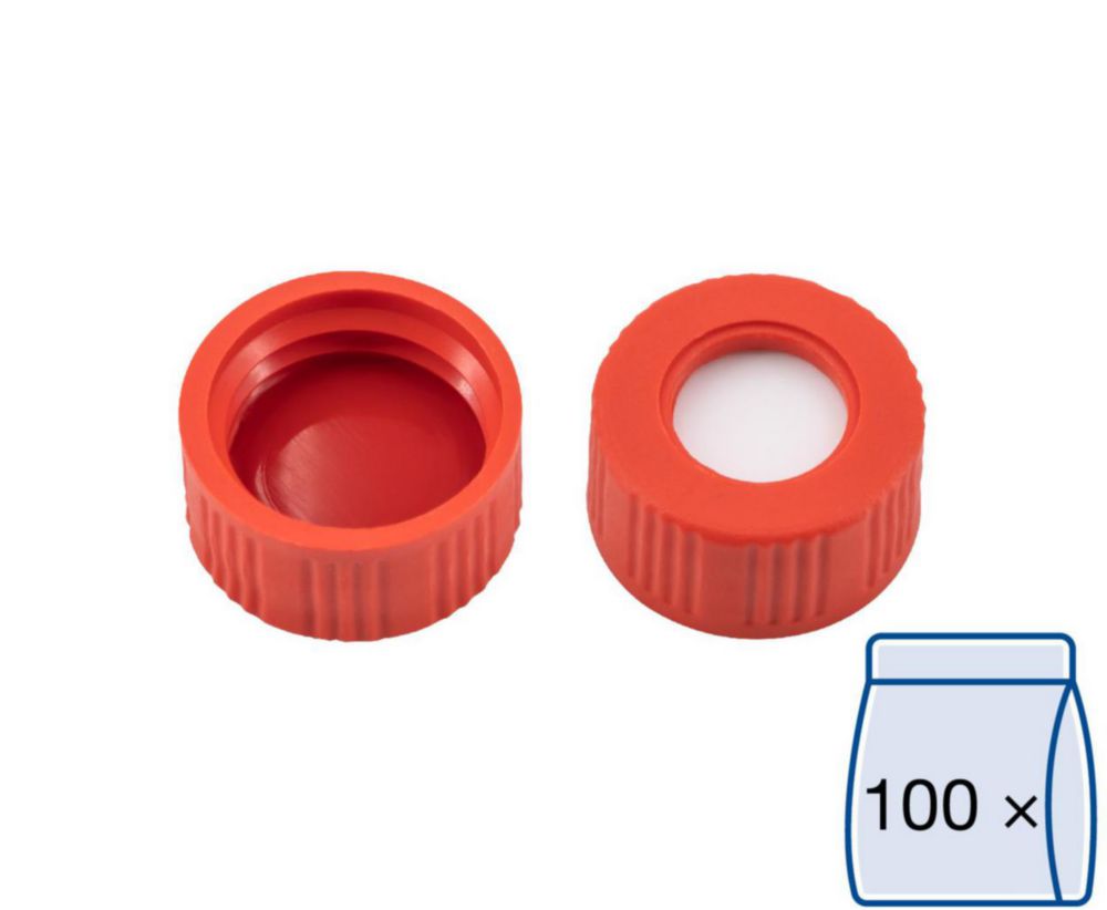 Screw caps N 9, red PP, center hole Silicone white/PTFE red, Hardn.: 45° shore A Thickness: 1.0 mm, pack of 100