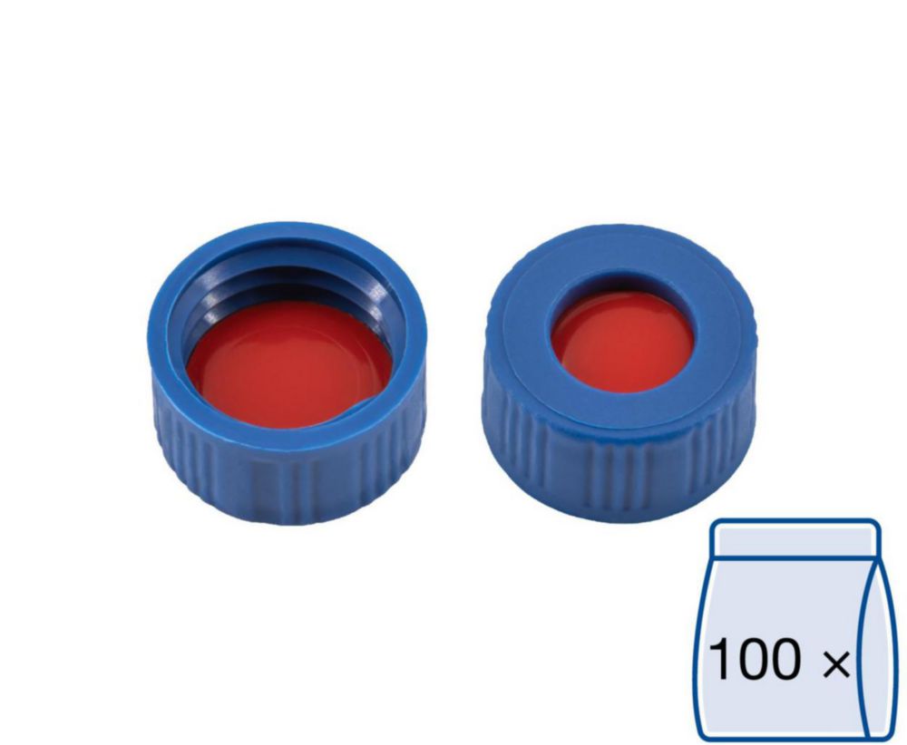 Screw Caps N 9, blue PP, center hole PTFE red/Silicone white/PTFE red Hardn.: 50° shore A Thickn.: 1.0 mm, pack of 100
