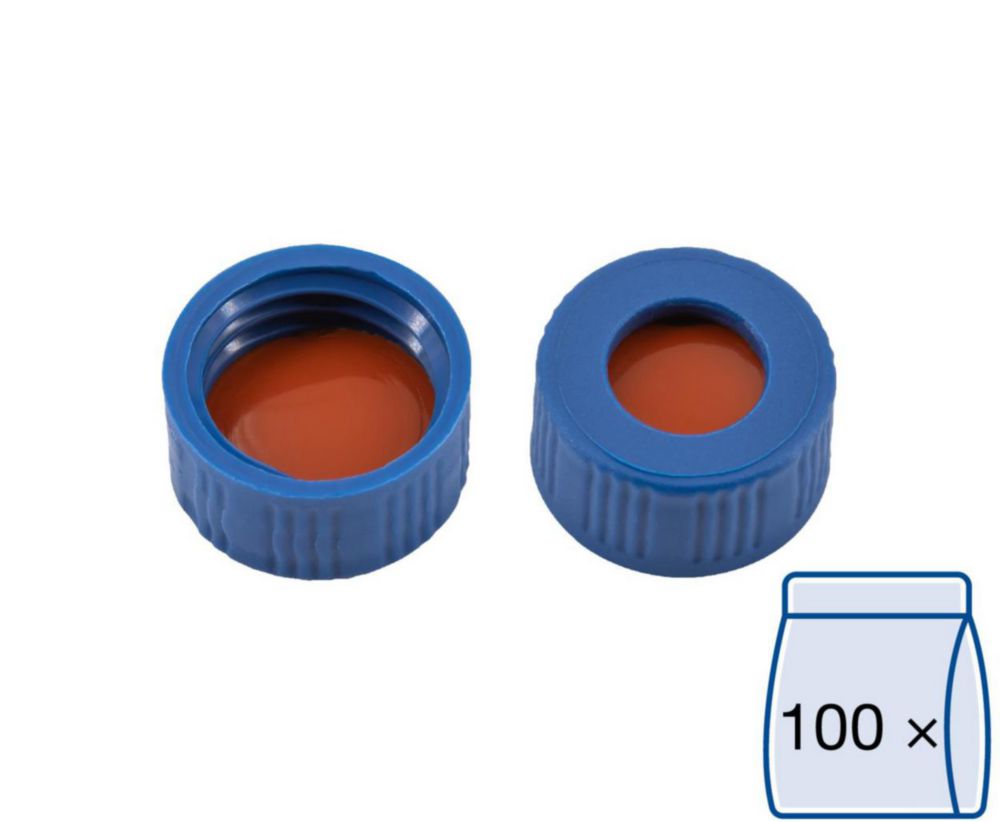 Screw caps N 9, blue PP, center hole red rubber/FEP colorless, hardness: 45° shore A,thickness:1.0 mm,pack of 100