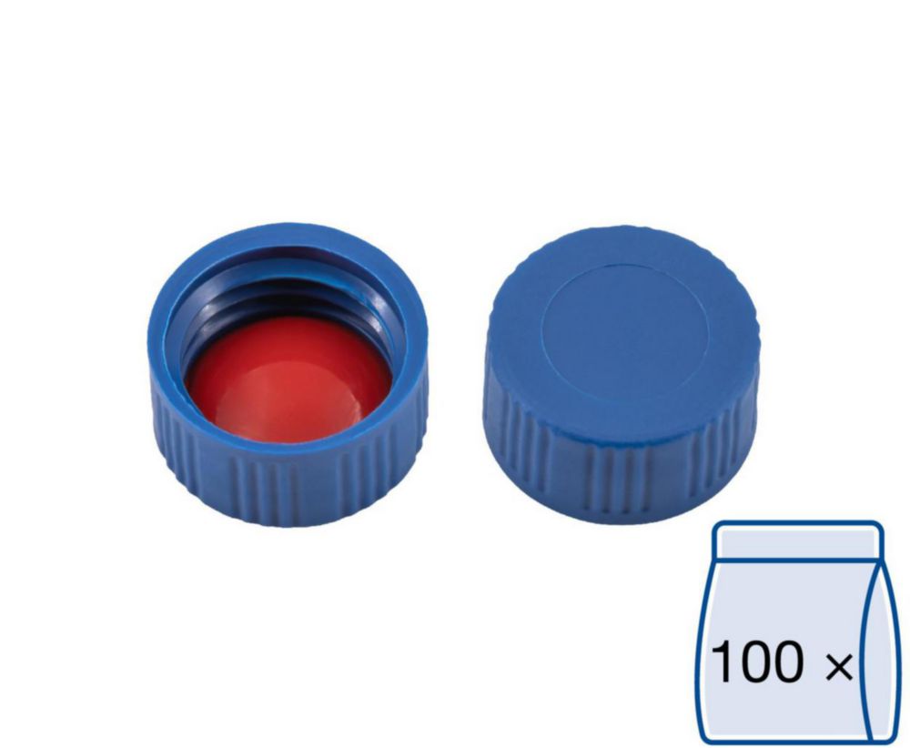 Screw Caps N 9, blue PP, closed top, Silicone white/PTFE red, pack of 100