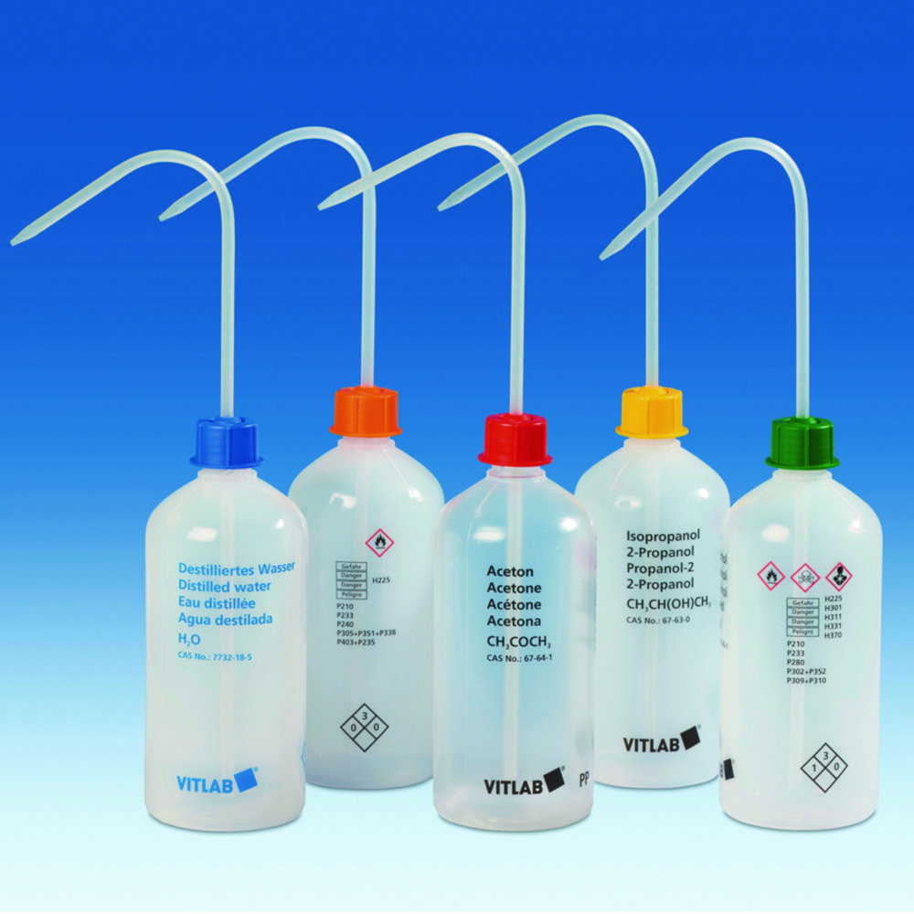 Safety washing bottle 500 ml narrow neck, PE-LD, GL 25, acetic acid with VENT CAP screw connection