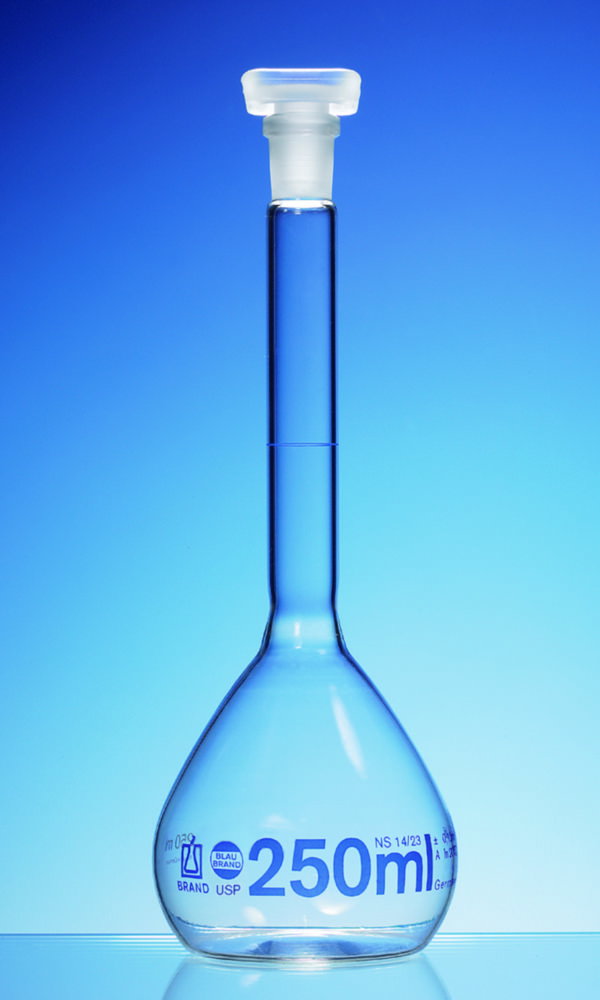 Measring flask 200 ml, cl.A, Borosilicate 3.3, NS 14/23 blue grad.,charg.