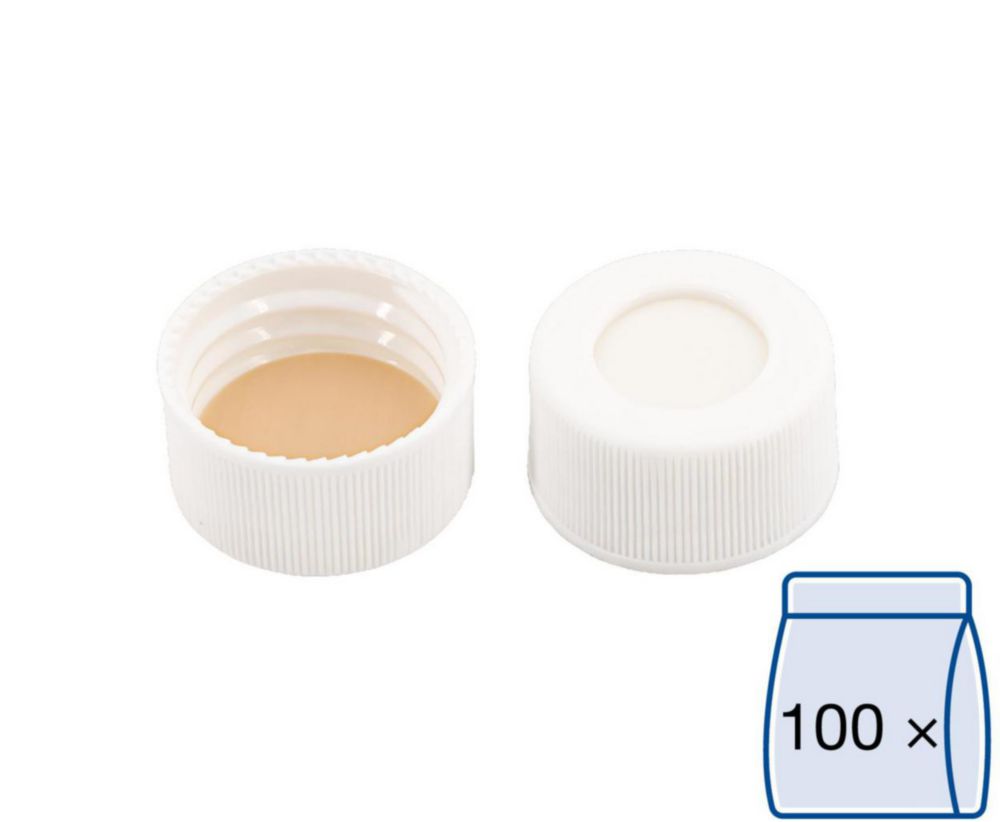 Screw caps N 24, white PP, hole silicone white/PTFE beige, hardness: 45° shore A, pack of 100