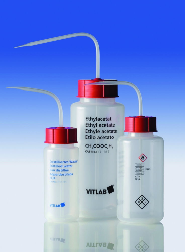 Safety washing bottle 250 ml wide neck, PP, GL 45, acetone with VENT CAP screw connection