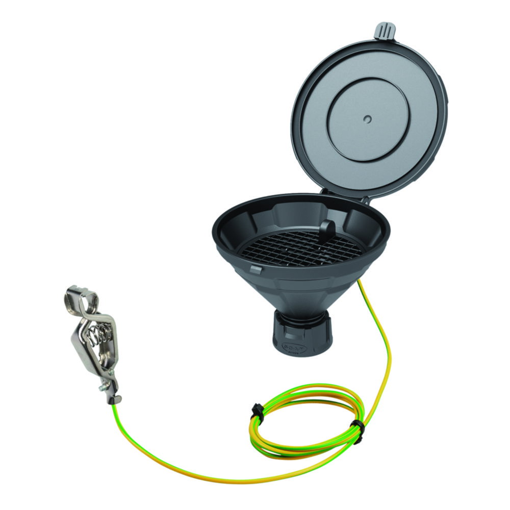 Safety funnel with lid PE-HD, black double thread R 2" BSP/G2" and 2" Tri-Sure with grounding cable