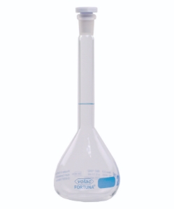 Measuring flask 200 ml, NS 14,5 Boro'glass, cl. A, cc, with PP-stopper blue graduated_100212209