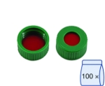 N 9 PP screw cap, green, center hole PTFE red/Silicone white/PTFE red Hardness: 50° shore A Thickness: 1.0 mm pack of 100